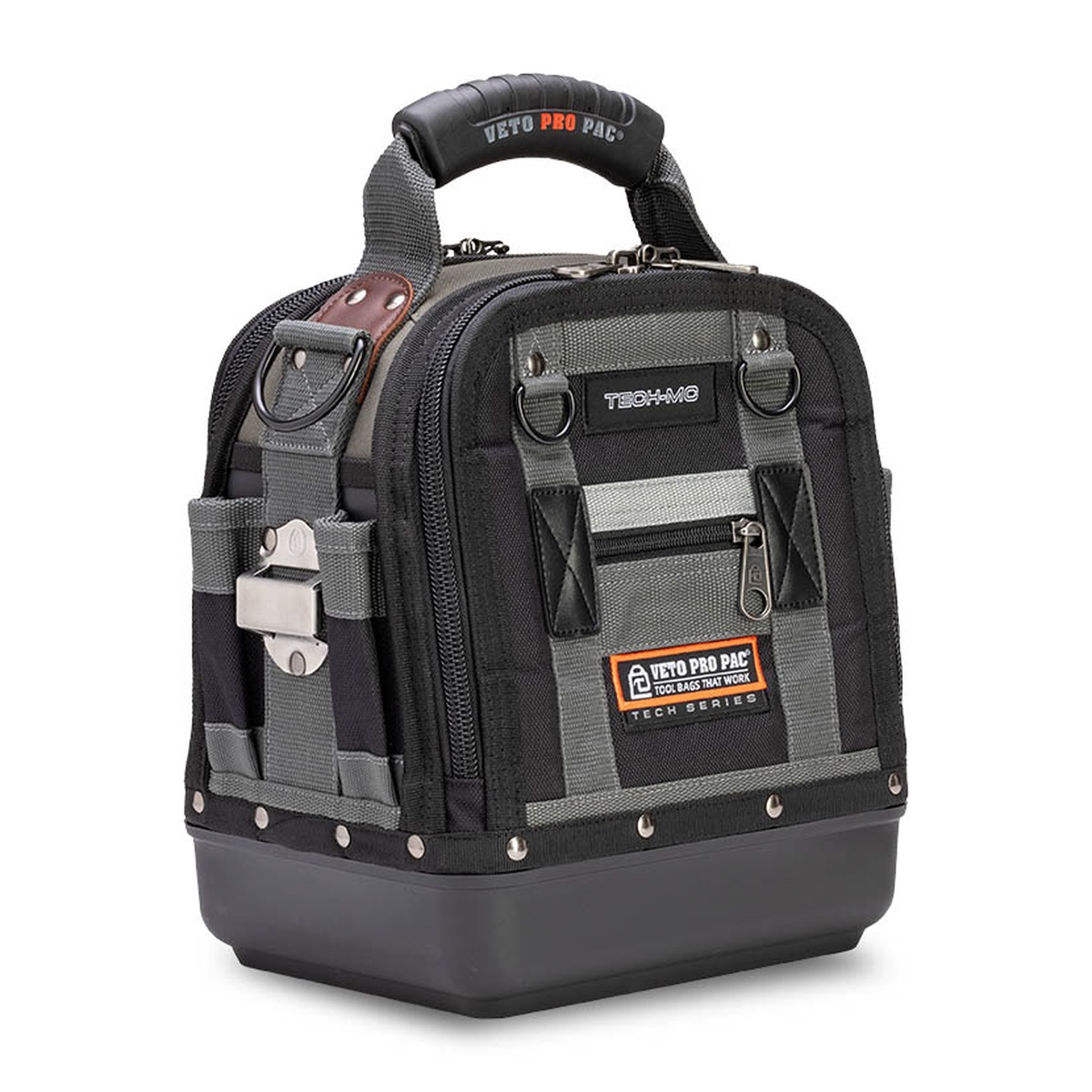 Veto Pro Pac TECH-MC Medium Compact Tool Bag shown from the front on a clean background, highlighting the compact service bag shape, front zip pocket, D-rings, and molded waterproof base for repair and installation work