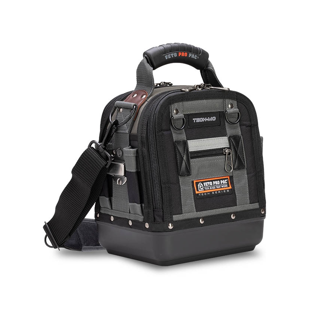 Veto Pro Pac TECH-MC Medium Compact Tool Bag with shoulder strap on a clean background, showing the over-molded handle, side hardware, and weatherproof molded base used by service technicians carrying tools between jobs