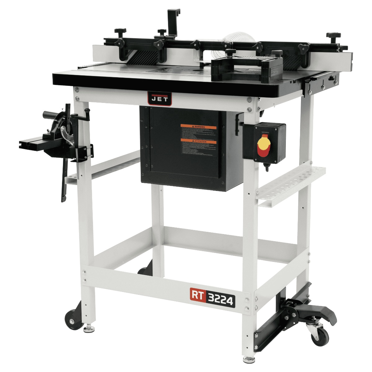 JET 737000CK Router Lift with Cast Table Kit shown as a complete router table workstation with cast iron top, fence, lift system, stand, and mobile base in a woodworking shop setup