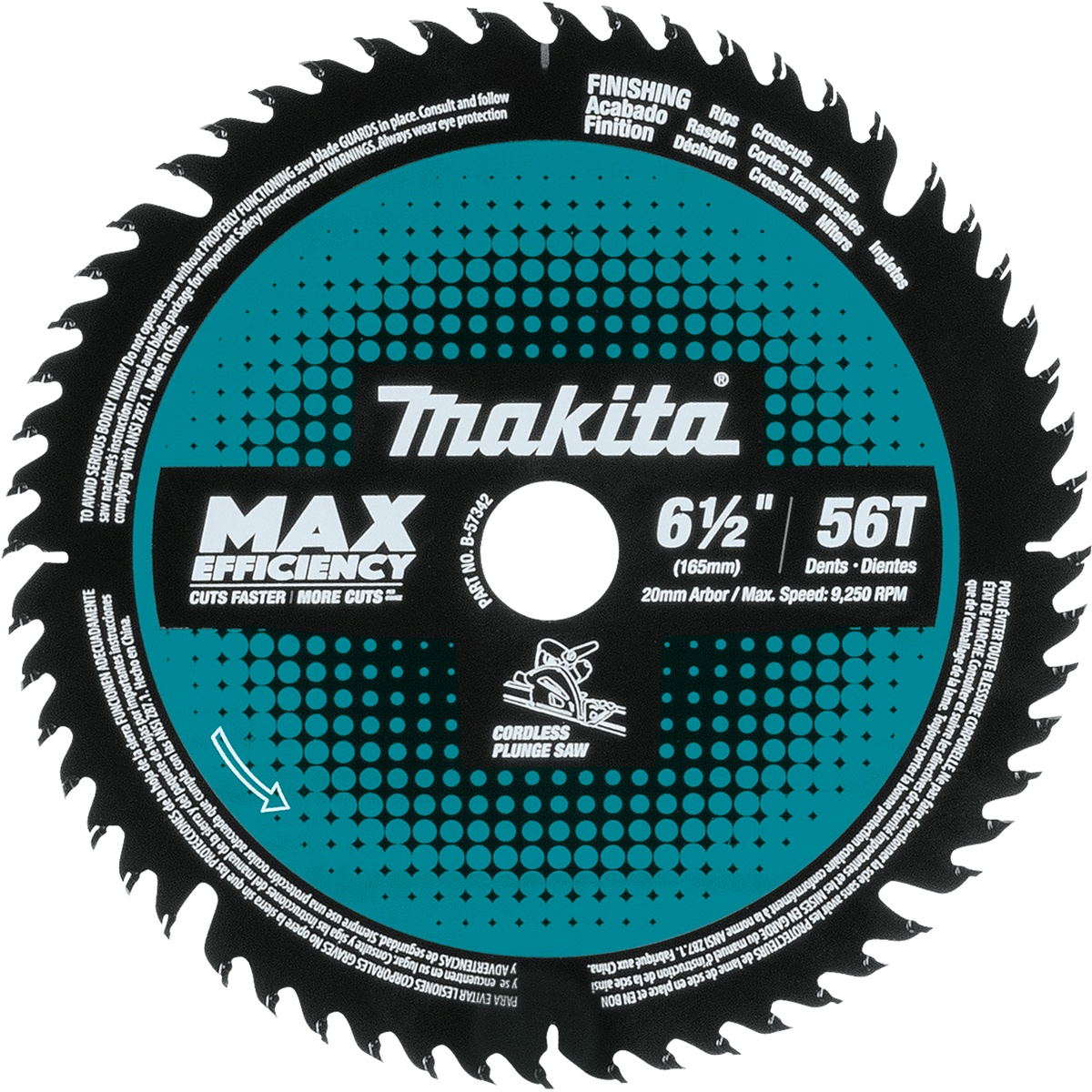 Makita B-57342 6-1/2 in. 56T Carbide-Tipped Max Efficiency Cordless Plunge Saw Blade product image showing the blade face, 20 mm arbor, and 56-tooth layout for plunge cutting wood, MDF, and laminate in shop or jobsite sheet-good work