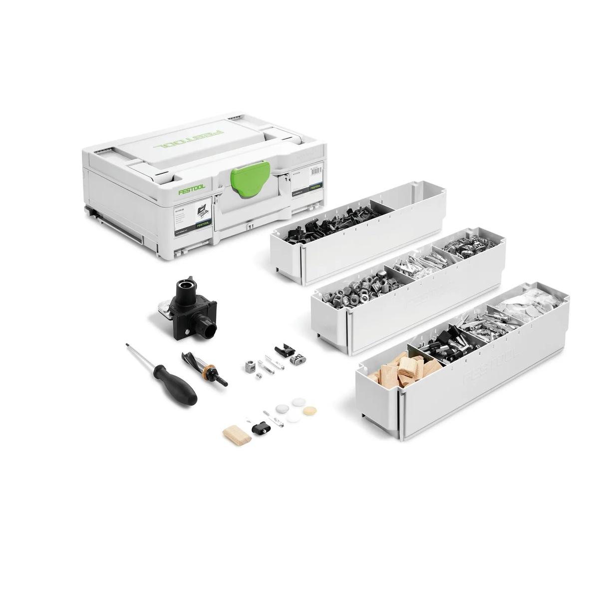 Festool 576797 Domino DF 500 Connector Assortment Systainer laid out with organized drawers, connectors, cutter, template, and screwdriver on a shop-ready product setup