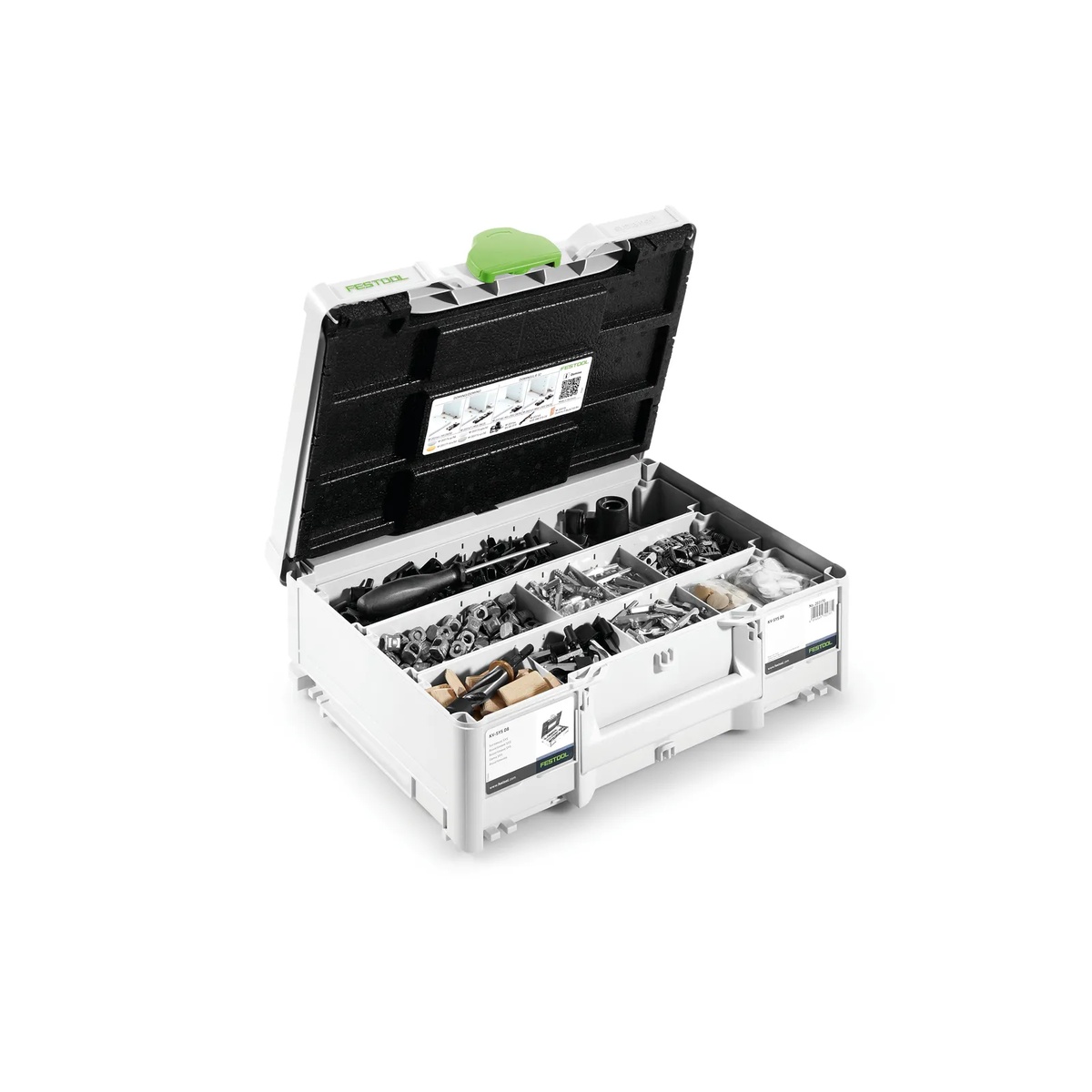 Festool 576797 Domino DF 500 Connector Assortment Systainer opened to show sorted connectors and accessories for cabinet and furniture assembly work