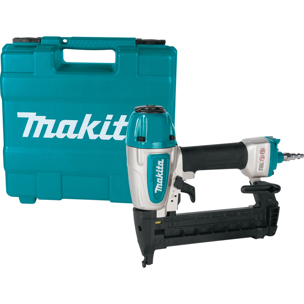 Makita AT638A 1/4 in. Narrow Crown Stapler with carrying case, showing a portable pneumatic stapler setup for woodworking, trim installation, and shop use