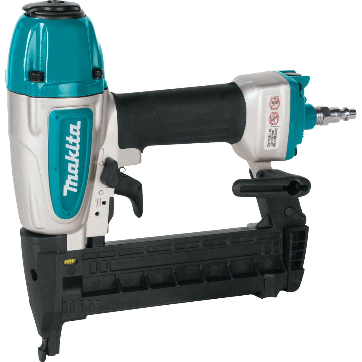 Makita AT638A 1/4 in. Narrow Crown Stapler shown in side profile, highlighting the narrow nose, compact body, and bottom-loading magazine for cabinet and trim fastening work