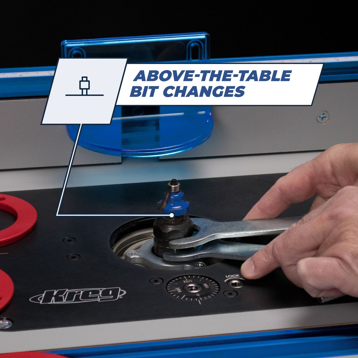 Kreg PRS5000 Precision Router Lift showing above-the-table router bit changes during a router table setup on a woodworking bench