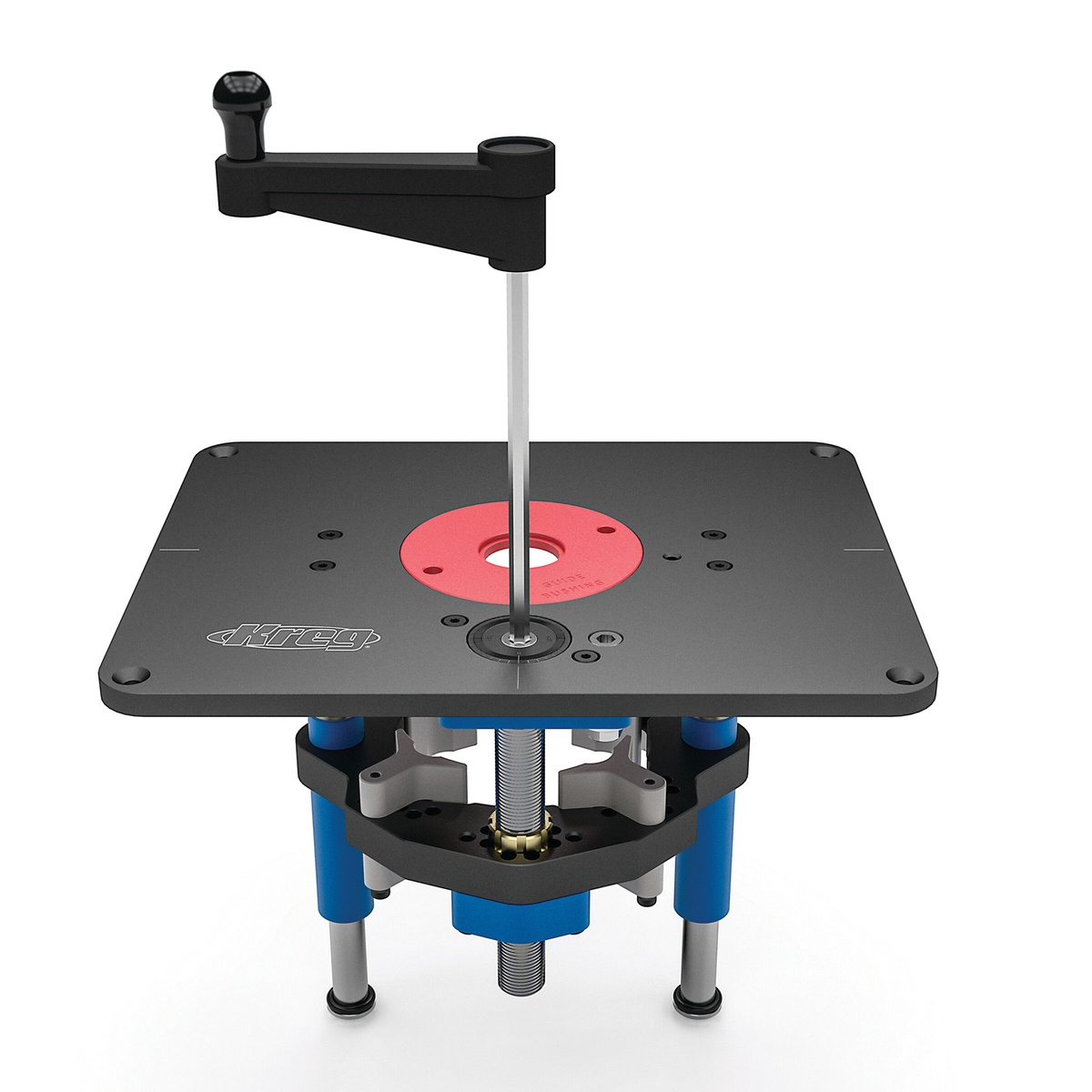 Kreg PRS5000 Precision Router Lift installed in a router table plate for precise router height adjustment in a woodworking shop setup