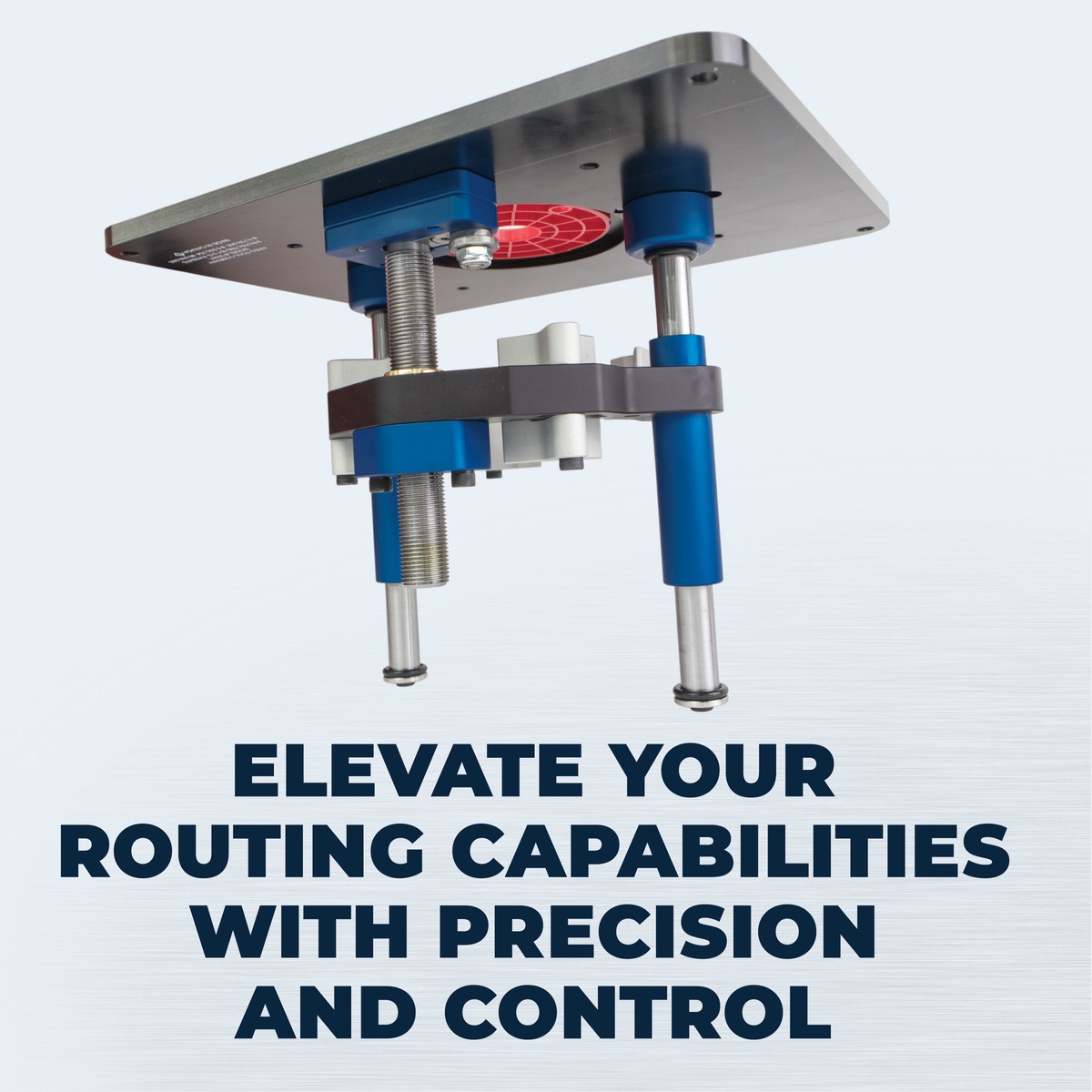 Underside view of the Kreg PRS5000 Precision Router Lift showing the lift mechanism and support posts for controlled router table adjustment