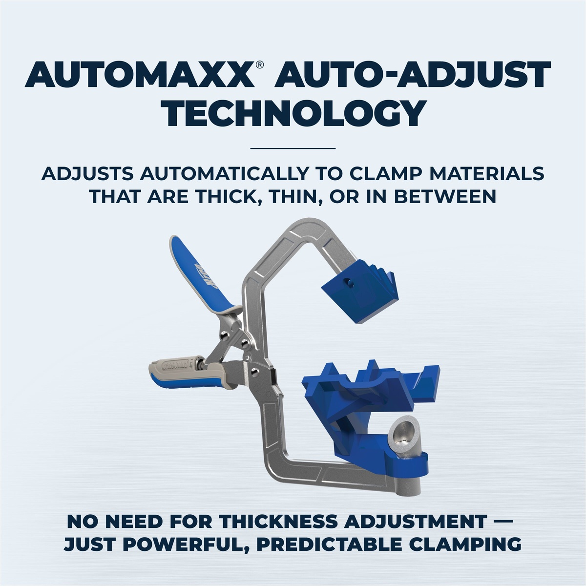 Kreg Automaxx 90° Corner Clamp shown open to demonstrate auto-adjust clamping for thick and thin woodworking materials in a shop assembly setup