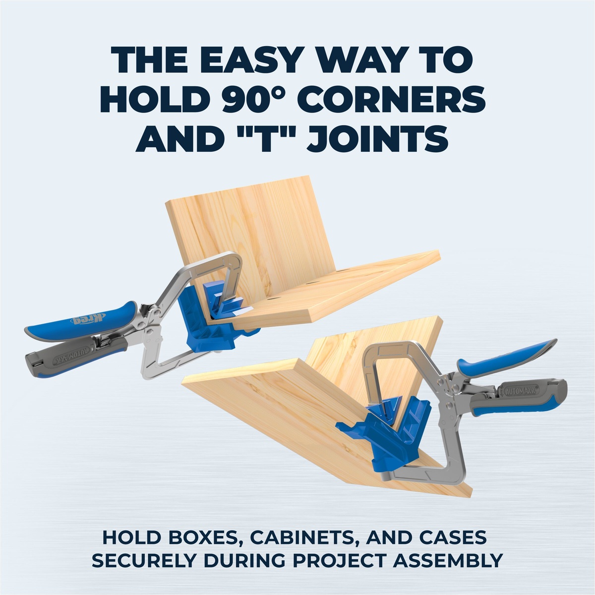 Kreg Automaxx 90° Corner Clamp holding wood boards at 90 degree corners and T joints during cabinet and box assembly