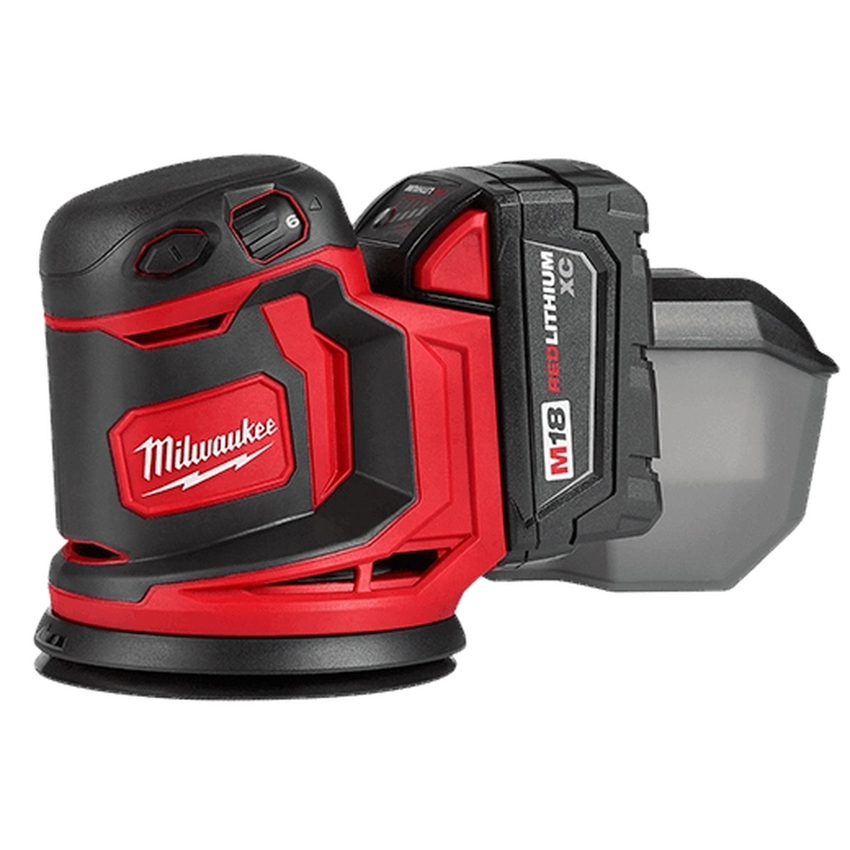 Milwaukee 2648-20 M18 Cordless 5-Inch Random Orbit Sander with M18 battery and dust canister attached, ready for cordless sanding on installation or remodeling jobs