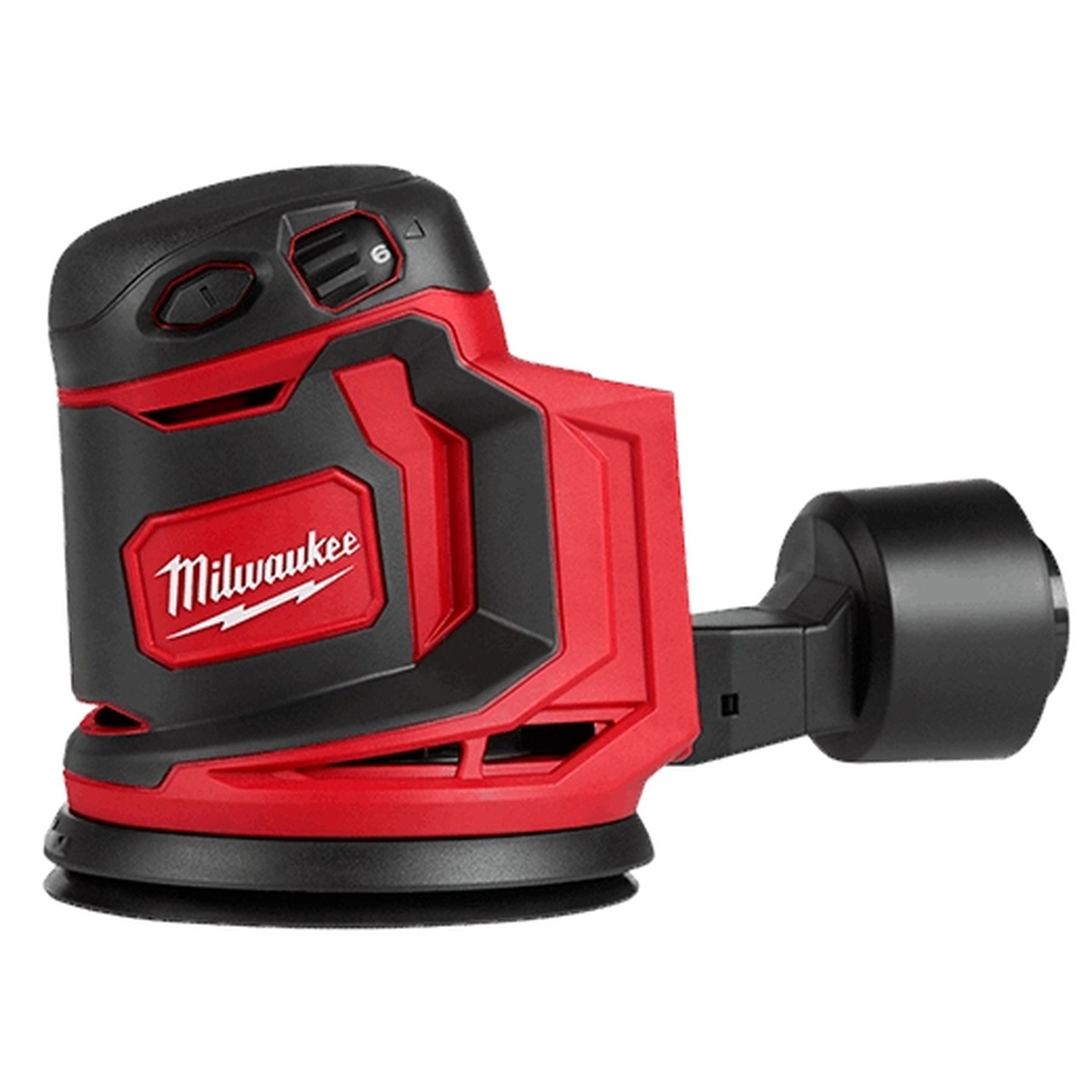 Milwaukee 2648-20 M18 Cordless 5-Inch Random Orbit Sander with hose adapter installed for dust extraction during sanding in a cleaner indoor work area