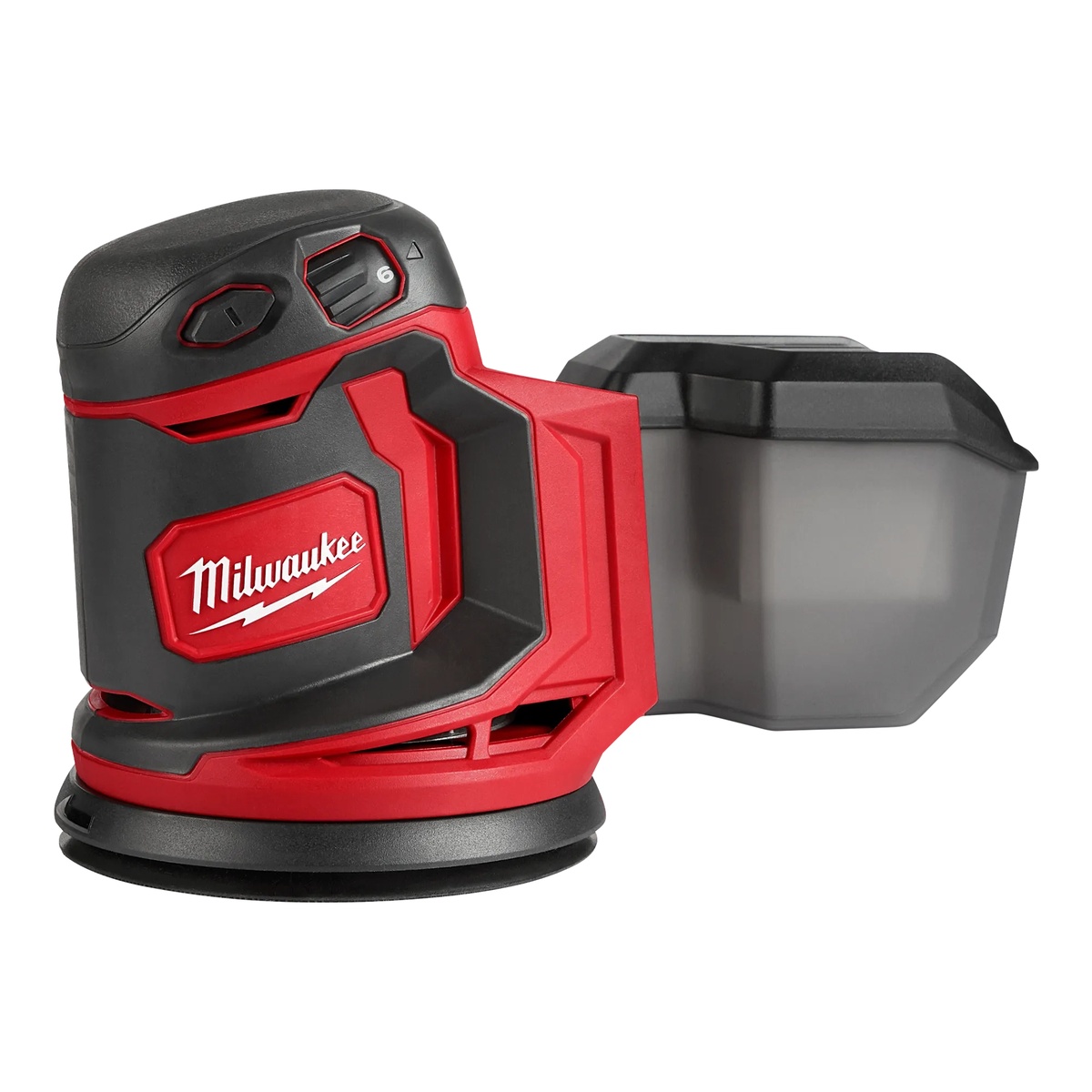 Milwaukee 2648-20 M18 Cordless 5-Inch Random Orbit Sander shown from the side with dust canister attached for finish sanding and surface prep work in a shop or jobsite setting