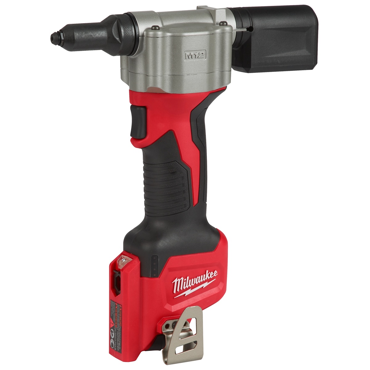 Milwaukee 2550-20 M12 Rivet Tool product view showing compact body, nose assembly, and M12 battery interface