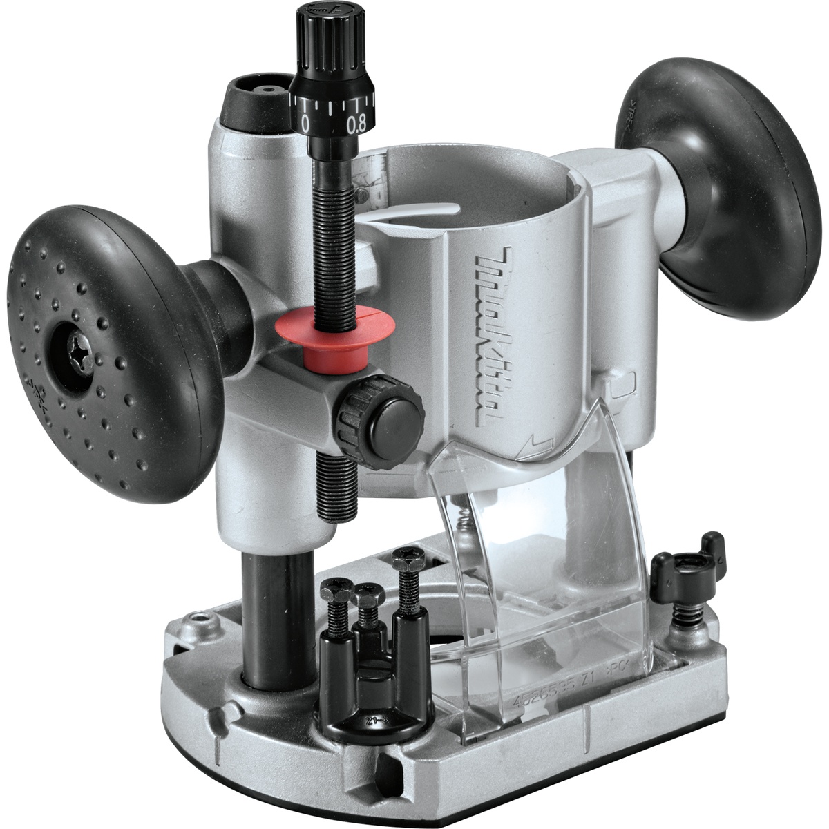 Makita 196094-2 Compact Router Plunge Base shown as a router accessory with plunge posts, fine depth adjustment knob, and clear debris shield for precision routing on woodworking jobs