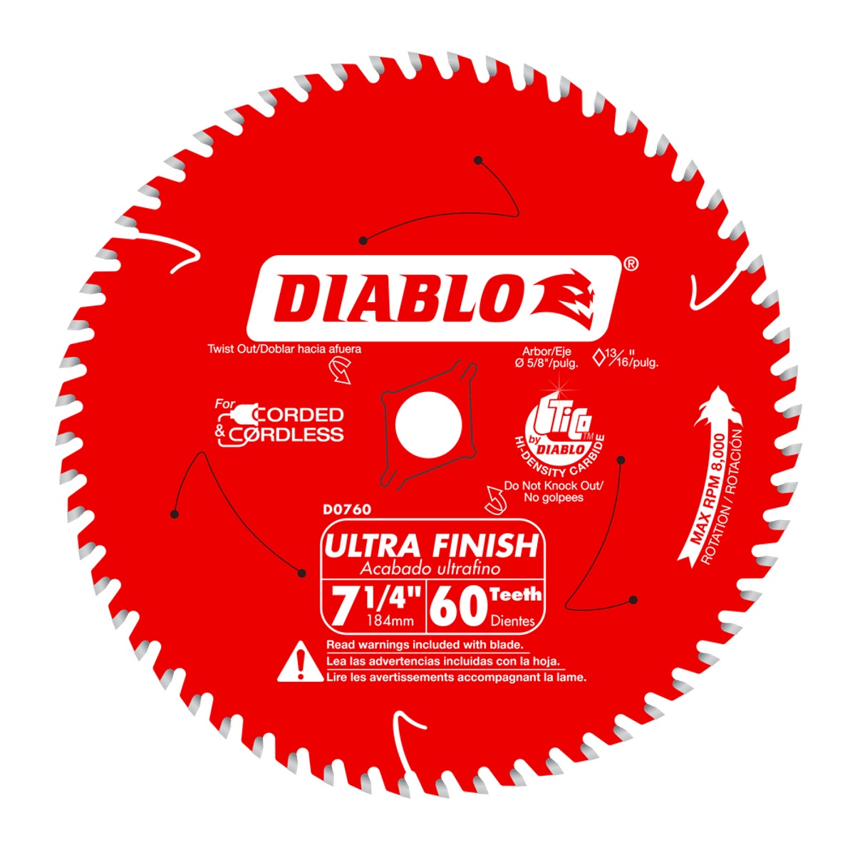 Diablo D0760A 7-1/4 in. x 60-Tooth Ultra Finish Saw Blade shown as a full product view for finish wood cutting on a circular saw