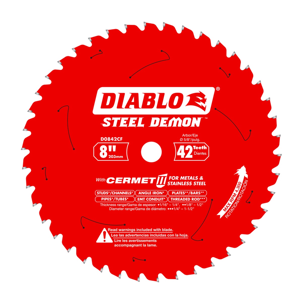 Diablo D0842CF 8 in. x 42-Tooth Steel Demon Cermet II Saw Blade for Thick Metal shown as a full blade product image for metal cutting saw setup and steel fabrication work