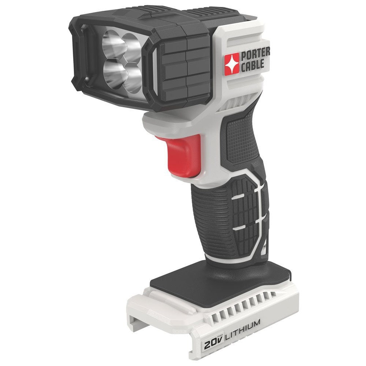 Porter Cable PCC700B 20V MAX Cordless LED Flashlight shown as a compact jobsite task light with pivoting head for lighting tight work areas and dark indoor projects