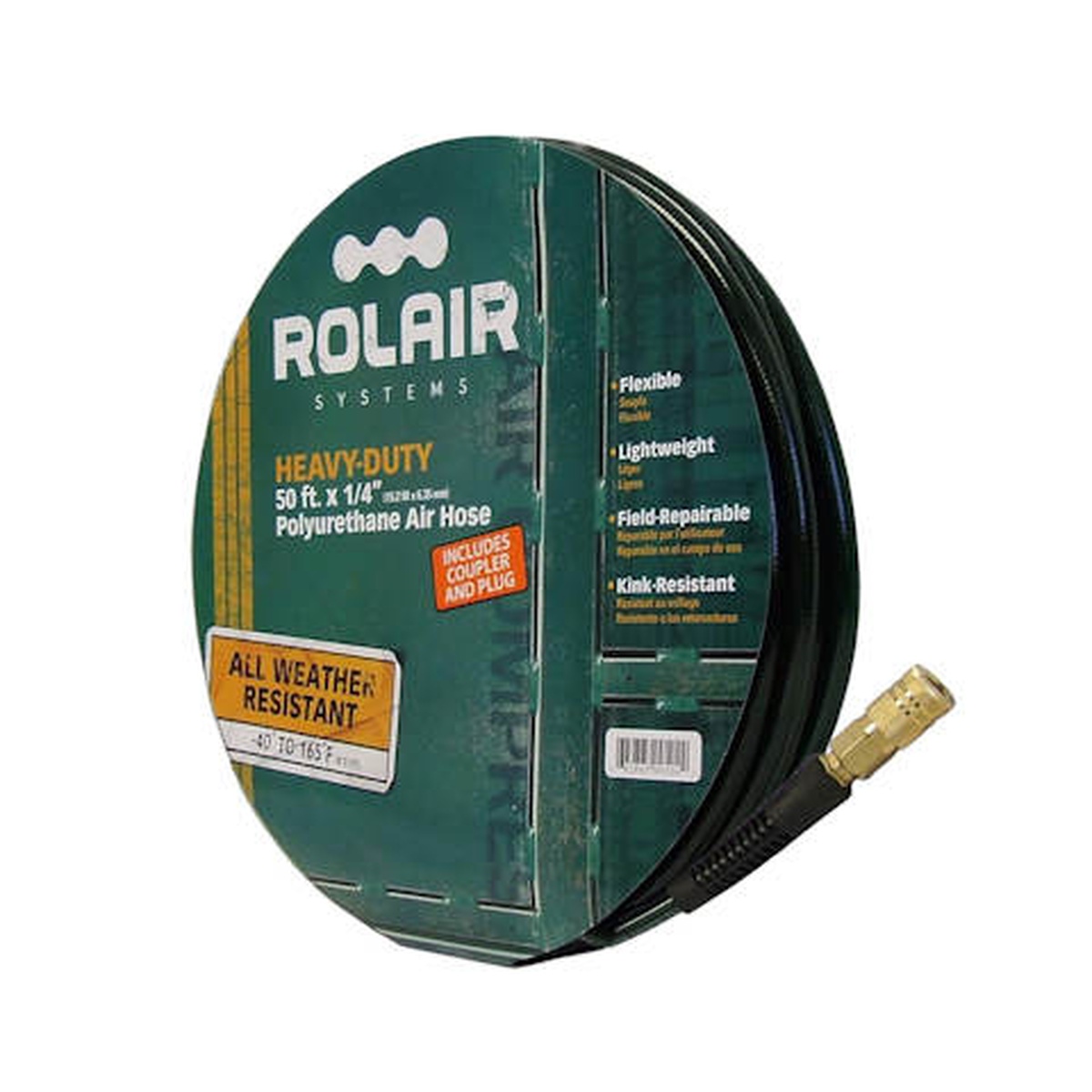 Rolair 14100POLY poly air hose packaging showing a coiled polyurethane air hose with coupler and plug for compressor use in shop or jobsite air tool setups