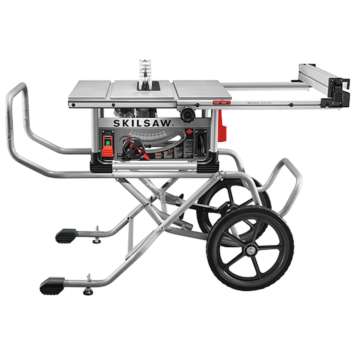 SKIL SPT99-11 10 in. Heavy Duty Worm Drive Table Saw set up on its rolling stand, showing the fence, table surface, and 16 inch wheels for portable jobsite wood cutting