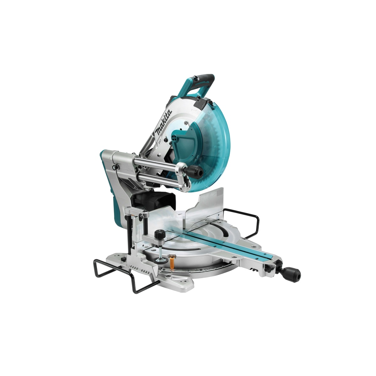 Makita LS1219L 12 inch dual-bevel sliding compound miter saw with laser shown in a compact jobsite setup position, highlighting the rear rail design for working flush against a wall or bench