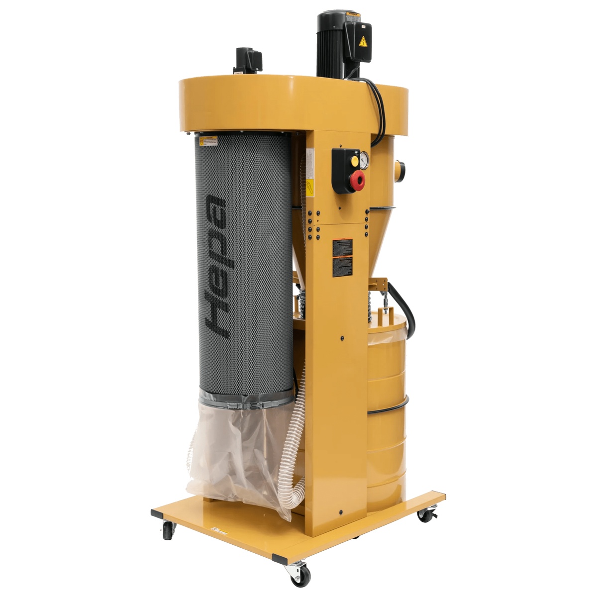 Powermatic PM2200 Cyclonic Dust Collector shown as a full stationary dust collection system for woodworking shop dust control with HEPA filter, collection drum, and mobile base in a shop setup