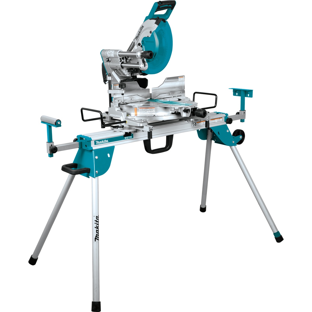 Makita LS1219LX dual-bevel sliding compound miter saw mounted on included stand for trim cutting and jobsite material support