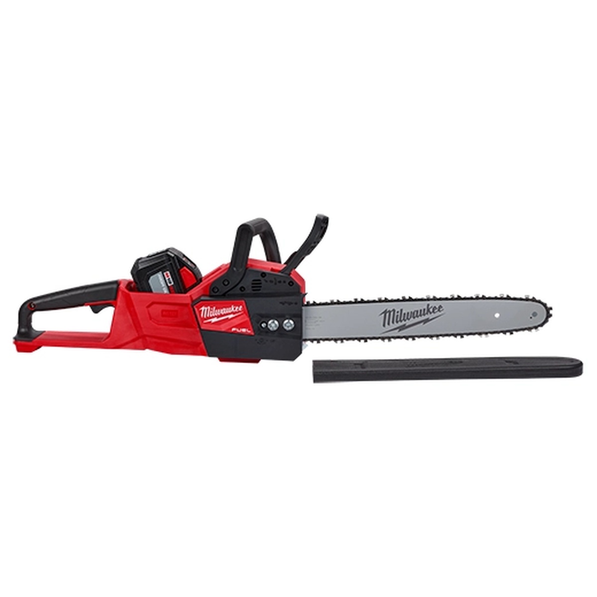 Milwaukee 2727-21HD M18 FUEL 16-Inch Chainsaw Kit shown with bar cover installed, ready for hardwood cutting, storm cleanup, and landscape maintenance work