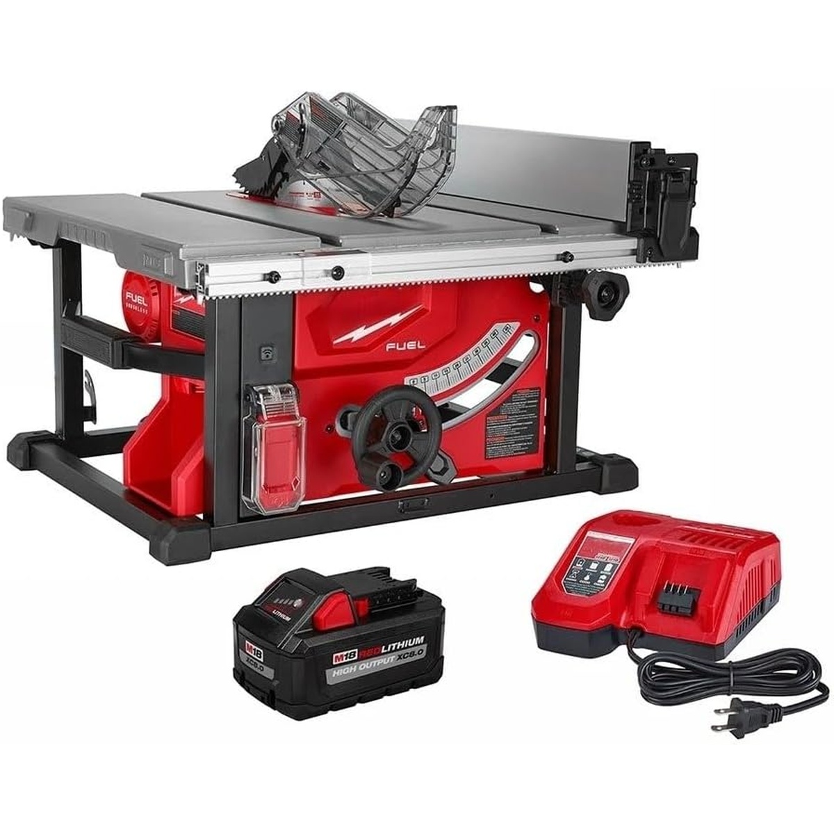 Milwaukee 2736-21HD M18 FUEL 8-1/4-Inch Table Saw with One-Key 12.0Ah HD Kit shown with battery and charger, set up for portable jobsite plywood and trim cutting