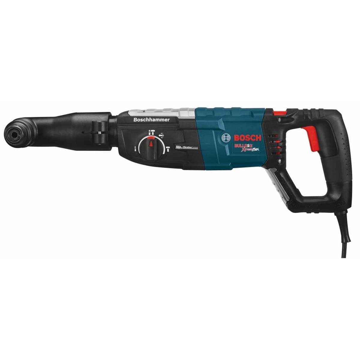 Bosch RHA-50 SDS-plus Right Angle Attachment mounted on a Bosch rotary hammer showing the compact side-drive layout for tight access drilling