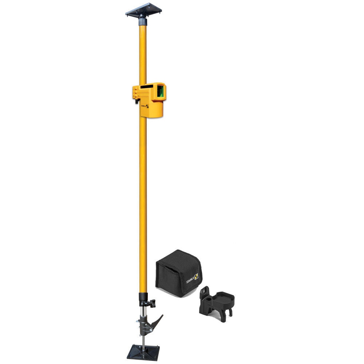 Stabila LAX 50 G Green Laser kit with support pole, mounting components, and storage pouch on a clean background
