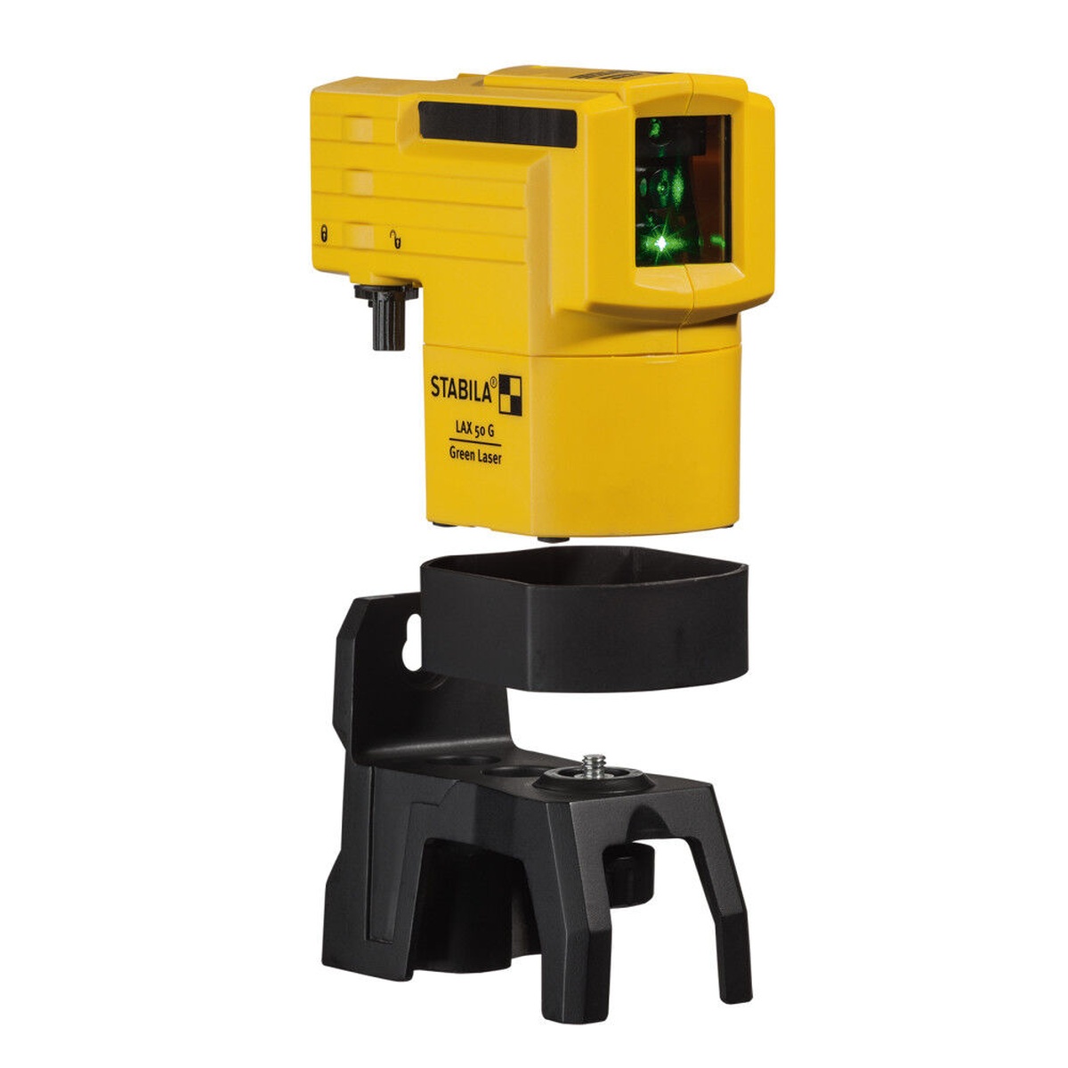 Stabila LAX 50 G Green Laser mounted on a wall bracket showing the compact body and green laser window