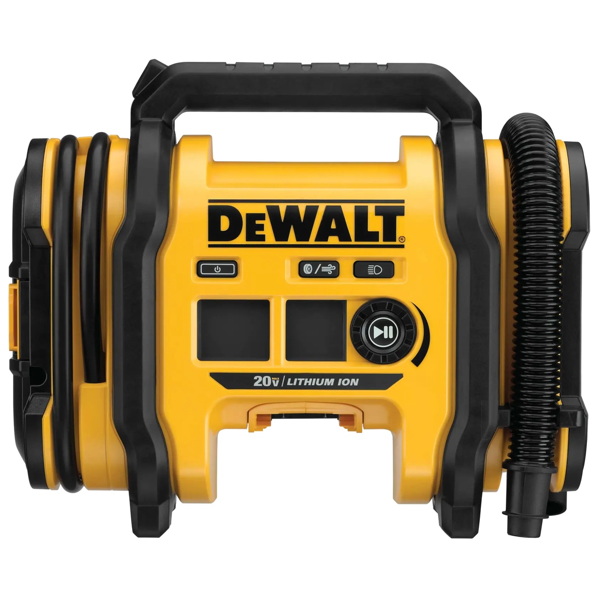 DEWALT 20V MAX Cordless Inflator front view with digital controls and display for setting tire pressure in automotive and bike inflation tasks