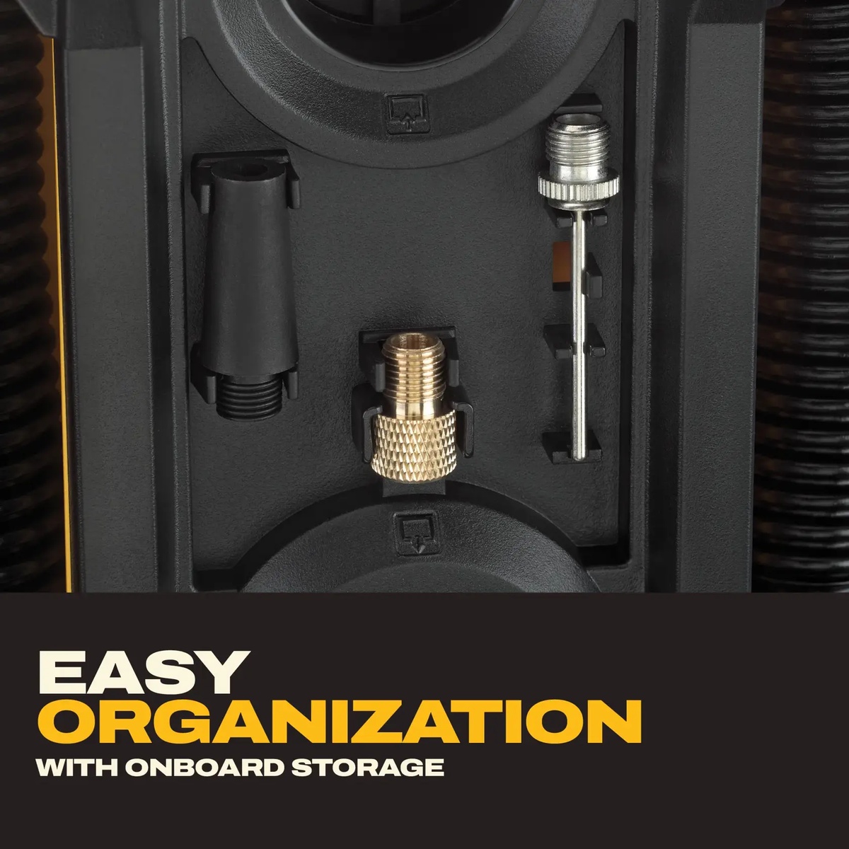 DEWALT 20V MAX Cordless Inflator onboard storage holding the tapered nozzle, Presta valve adapter, and inflator needle for bike tires and sports gear