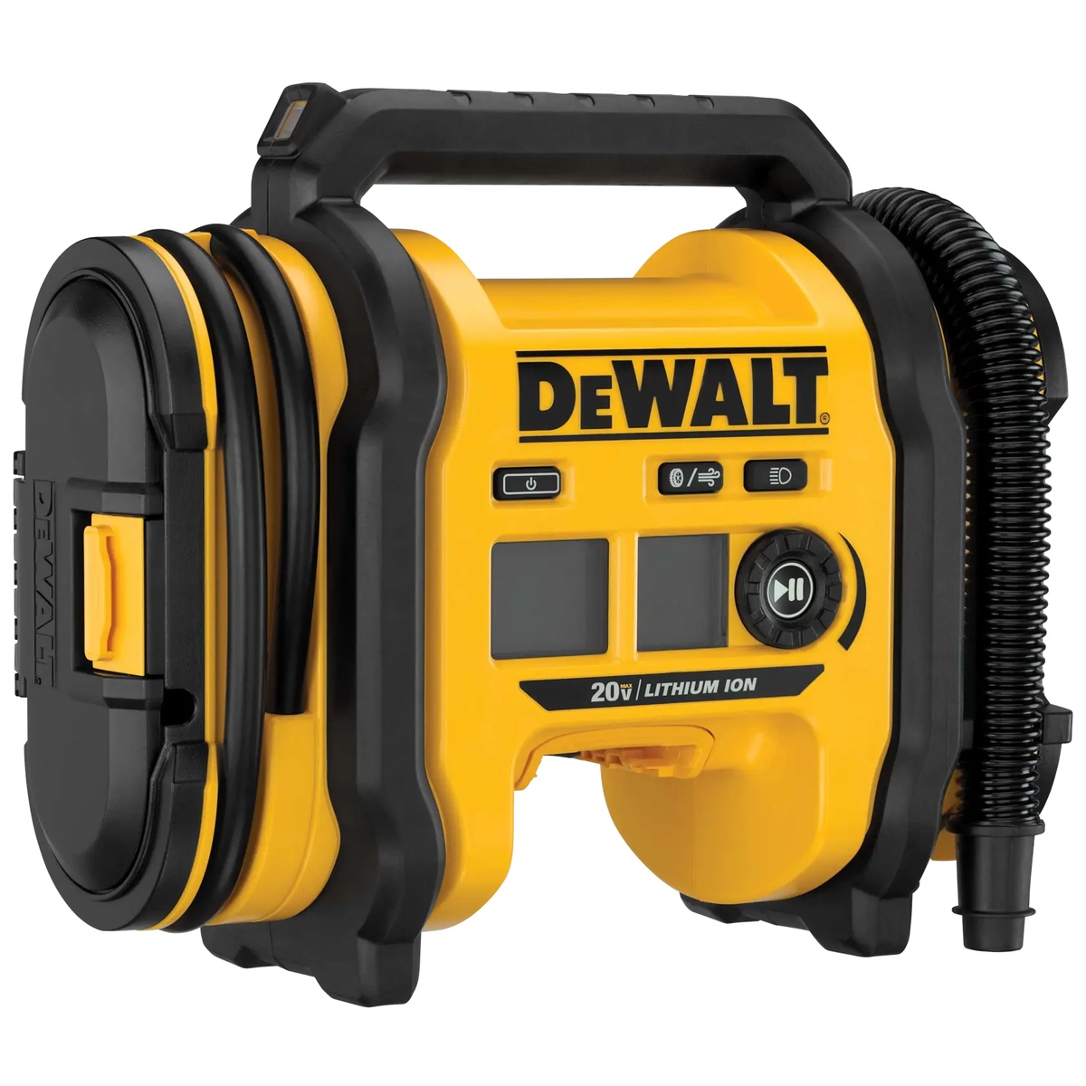 DEWALT 20V MAX Cordless Inflator shown from the front angle with hose storage and control panel, ready for tire inflation in a garage or roadside setting