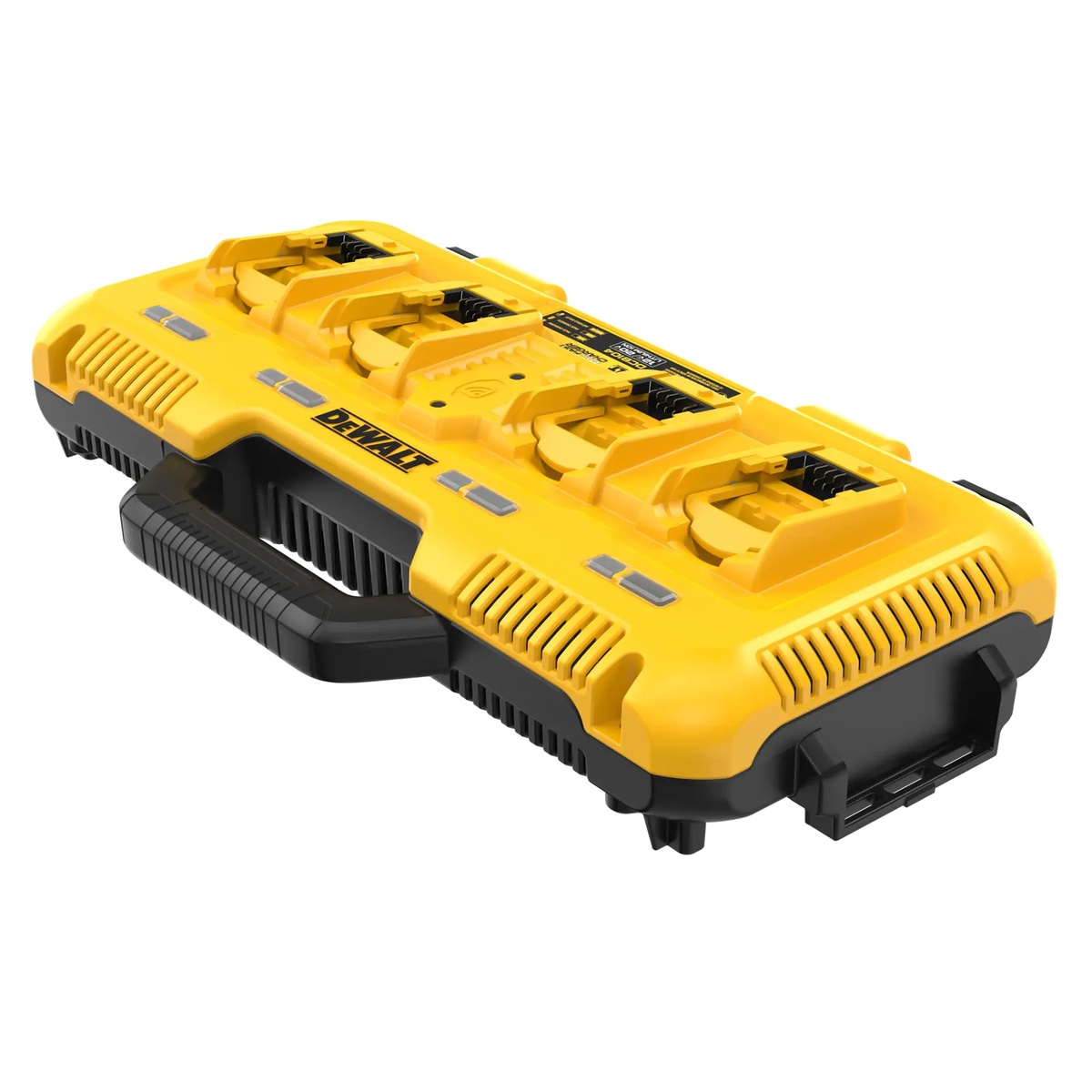 DEWALT DCB104 12V/20V/60V MAX Multiport Simultaneous Fast Charger shown as a four-port battery charging station for shop or jobsite battery management
