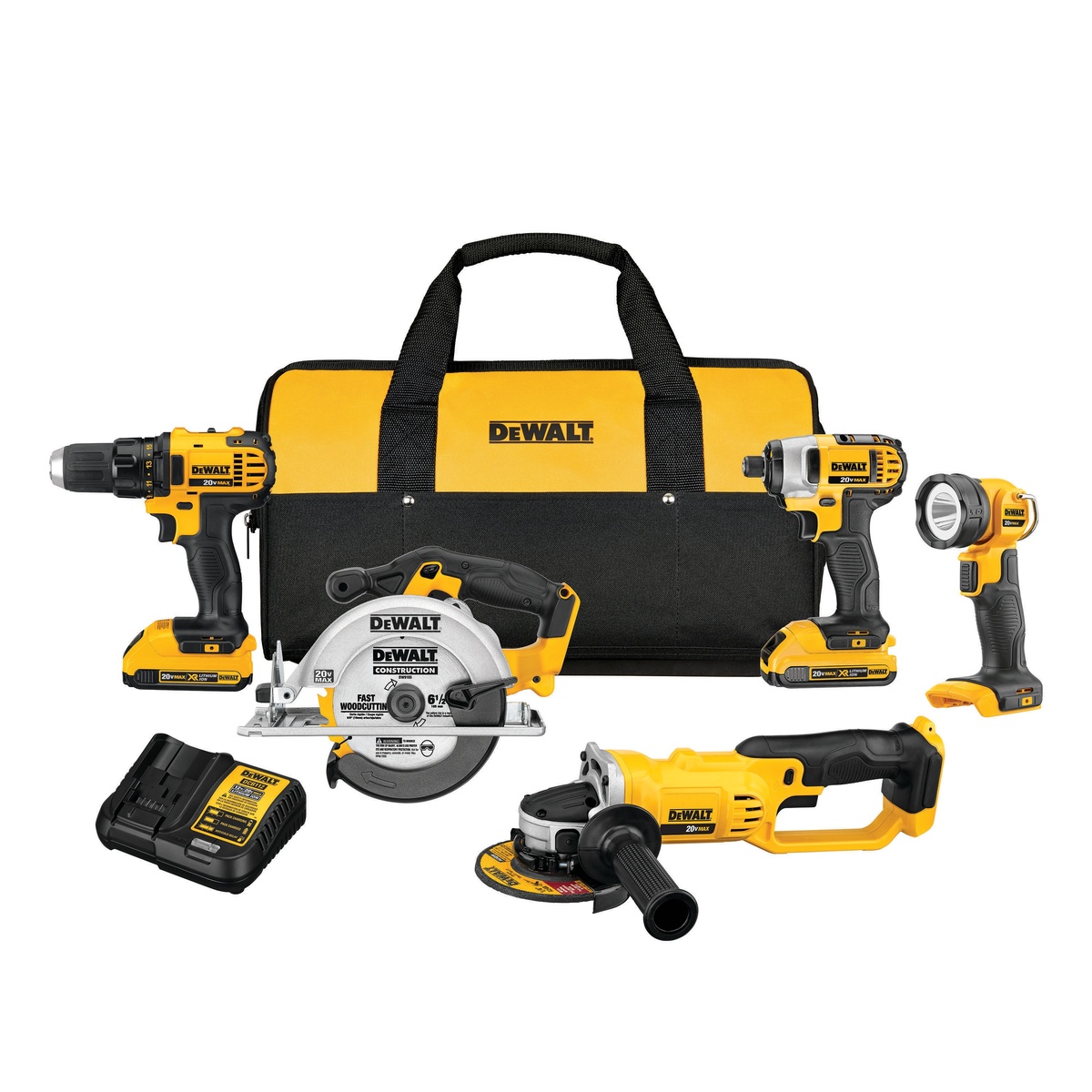 DEWALT DCK521D2 20V MAX Compact 5-Tool Combo Kit shown with drill driver, impact driver, circular saw, grinder, flashlight, charger, batteries, and contractor bag on a clean studio background for jobsite tool system overview