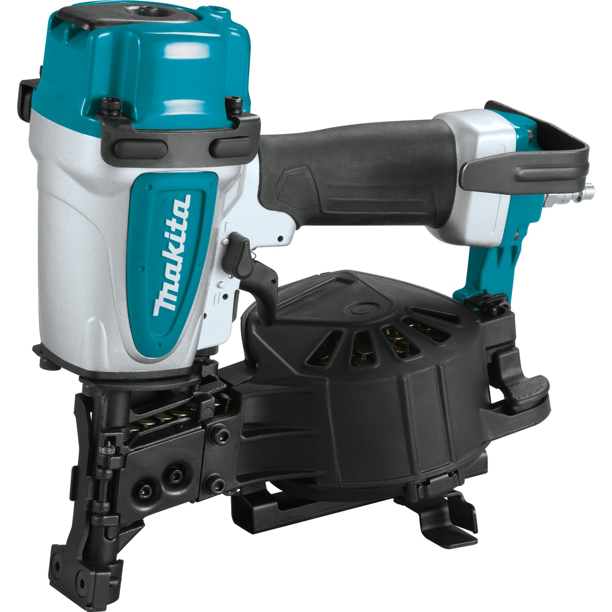 Makita AN454 1-3/4 inch Coil Roofing Nailer shown in side profile with coil magazine and belt hook, highlighting the compact pneumatic roofing nailer setup used for shingle fastening work on roofing jobs