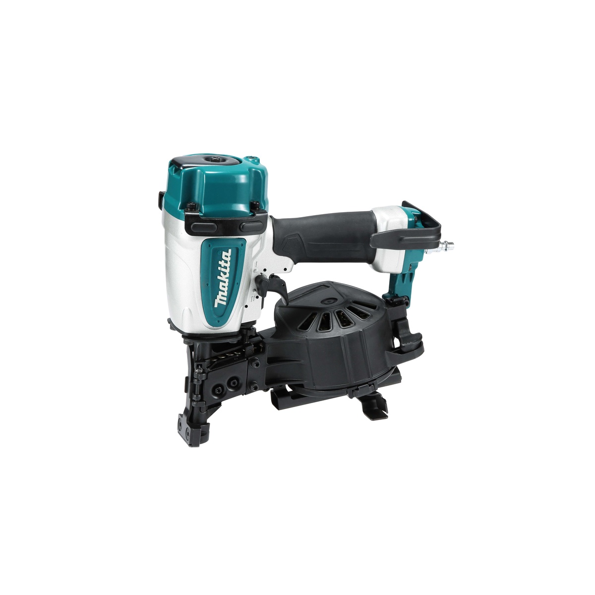 Makita AN454 1-3/4 inch Coil Roofing Nailer clean product view showing aluminum housing, nose assembly, and coil magazine for roofing nail installation and shingle placement work