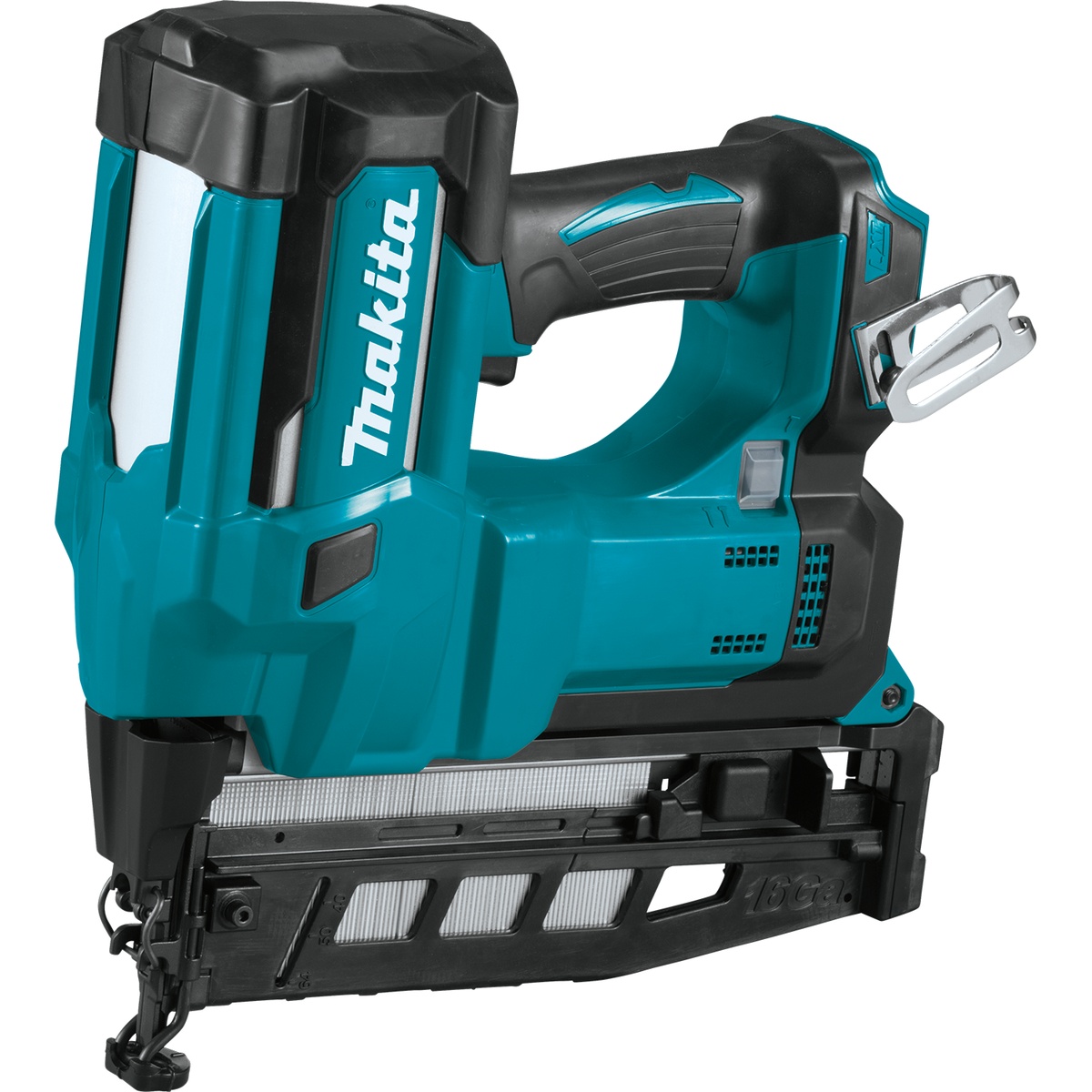 Makita XNB02Z 18V LXT Lithium-Ion Cordless 2-1/2 inch Straight Finish Nailer 16 gauge product view showing magazine and cordless body for room-to-room trim installation