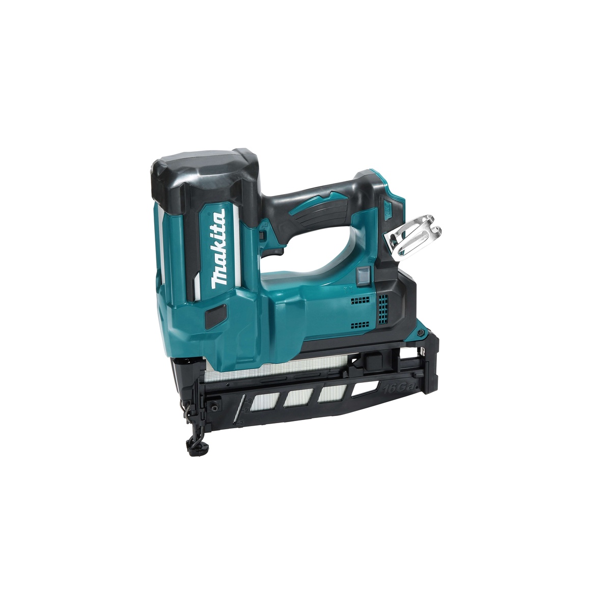 Makita XNB02Z 18V LXT Lithium-Ion Cordless 2-1/2 inch Straight Finish Nailer 16 gauge angled studio view highlighting narrow nose access for trim corners and confined fastening areas