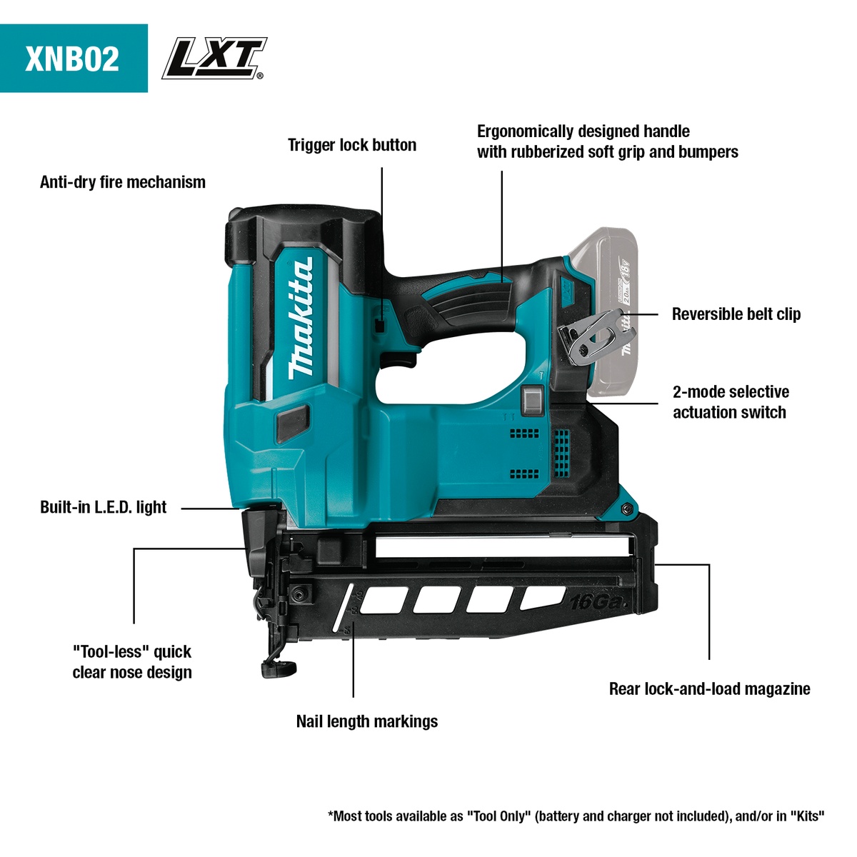 Makita XNB02Z 18V LXT Lithium-Ion Cordless 2-1/2 inch Straight Finish Nailer 16 gauge shown with labeled finish nailing features for trim and interior woodworking applications