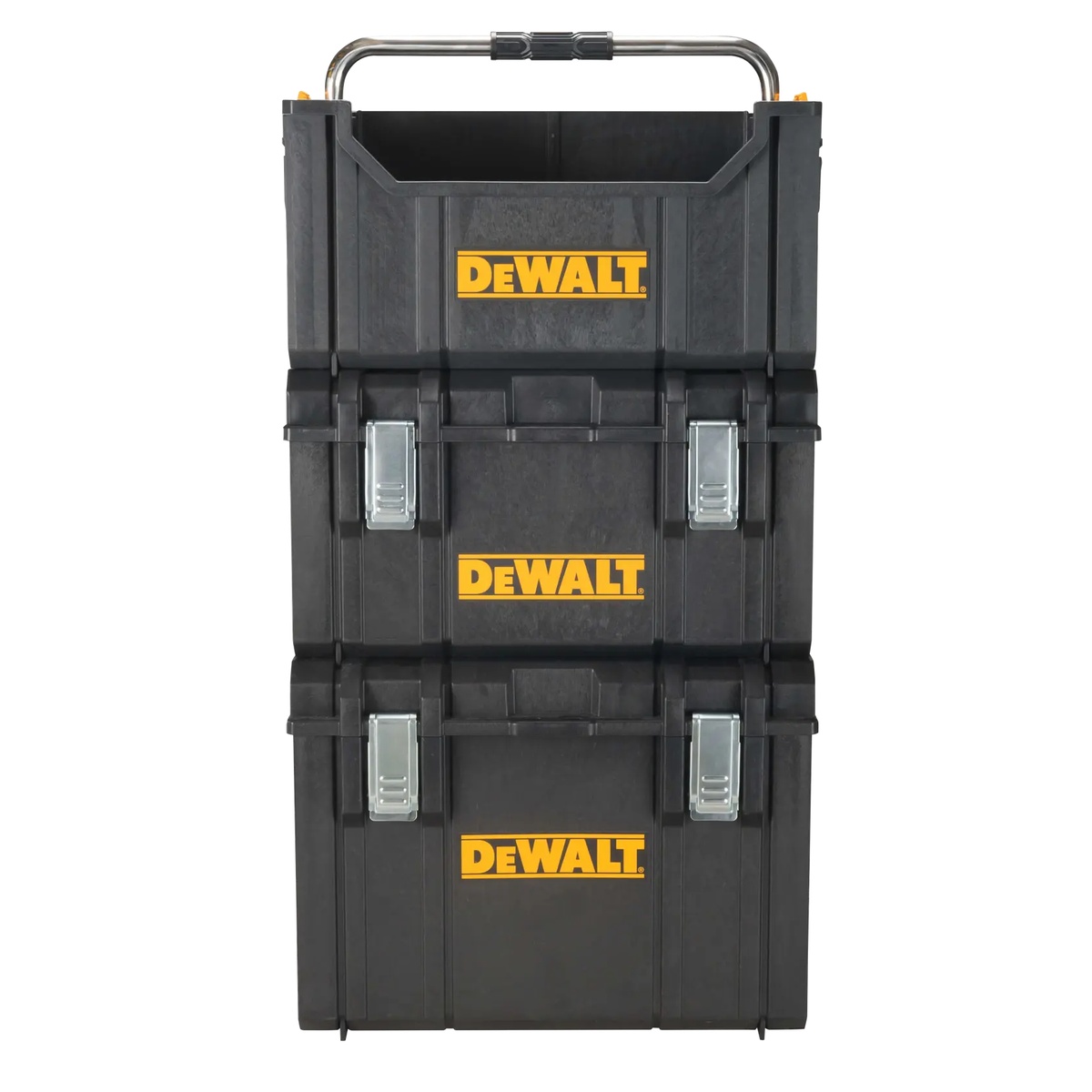 DEWALT ToughSystem Tote with Carrying Handle stacked on other ToughSystem tool boxes for modular jobsite storage
