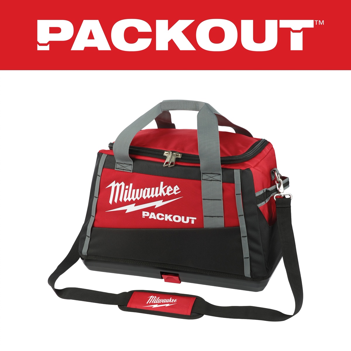 Milwaukee PACKOUT Tool Bag with cushioned shoulder strap and insulated PACKOUT bottle for daily jobsite transport