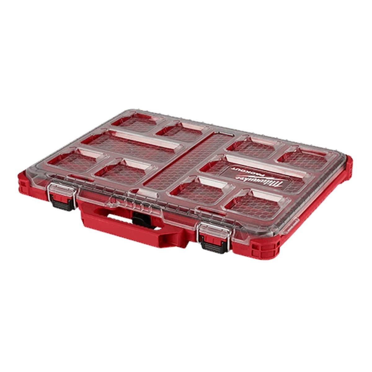 Milwaukee PACKOUT Modular Low-Profile Jobsite Organizer closed with clear lid showing compartment layout for sorted small parts on a workbench