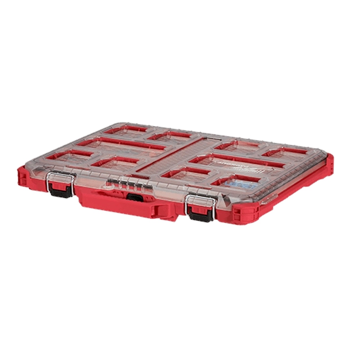 Milwaukee PACKOUT Modular Low-Profile Jobsite Organizer closed and ready for transport as part of a modular storage system in a truck or jobsite environment