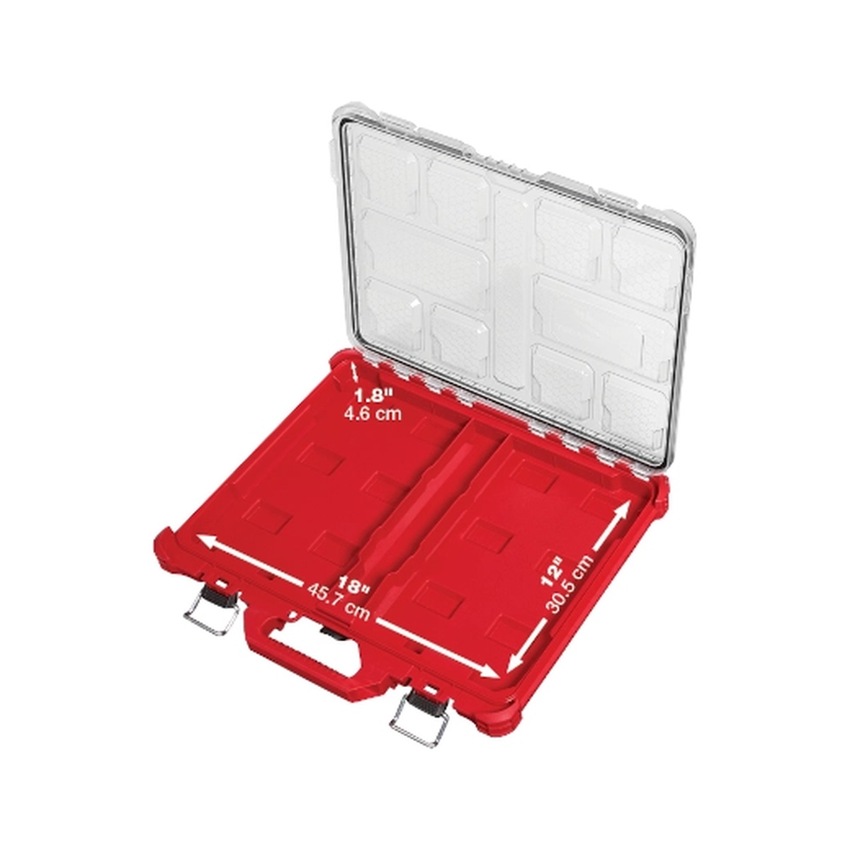 Milwaukee PACKOUT Modular Low-Profile Jobsite Organizer open to show shallow interior storage area for fasteners, bits, and service parts in a jobsite setup