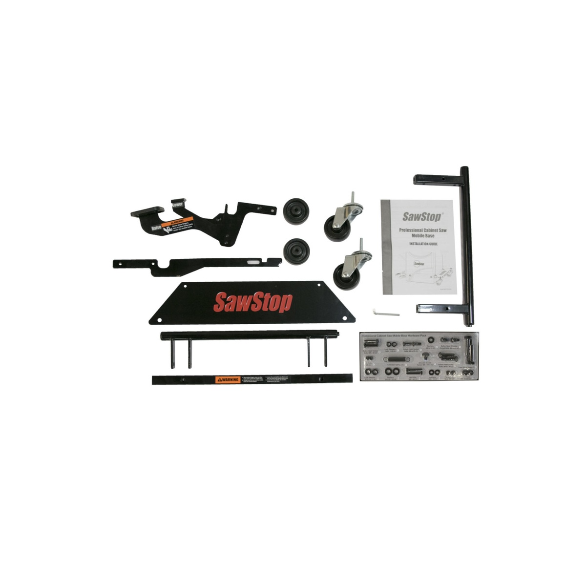 SawStop MB-PCS-000 Professional Integrated Mobile Base parts laid out on a white background showing wheels, steel components, hardware pack, and manual