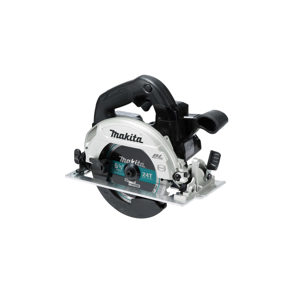 Makita XSH04ZB 18V LXT Lithium-Ion Sub-Compact Brushless Cordless 6-1/2 Inch Circular Saw on a neutral background showing the top handle, blade guard, and compact base for portable wood cutting work