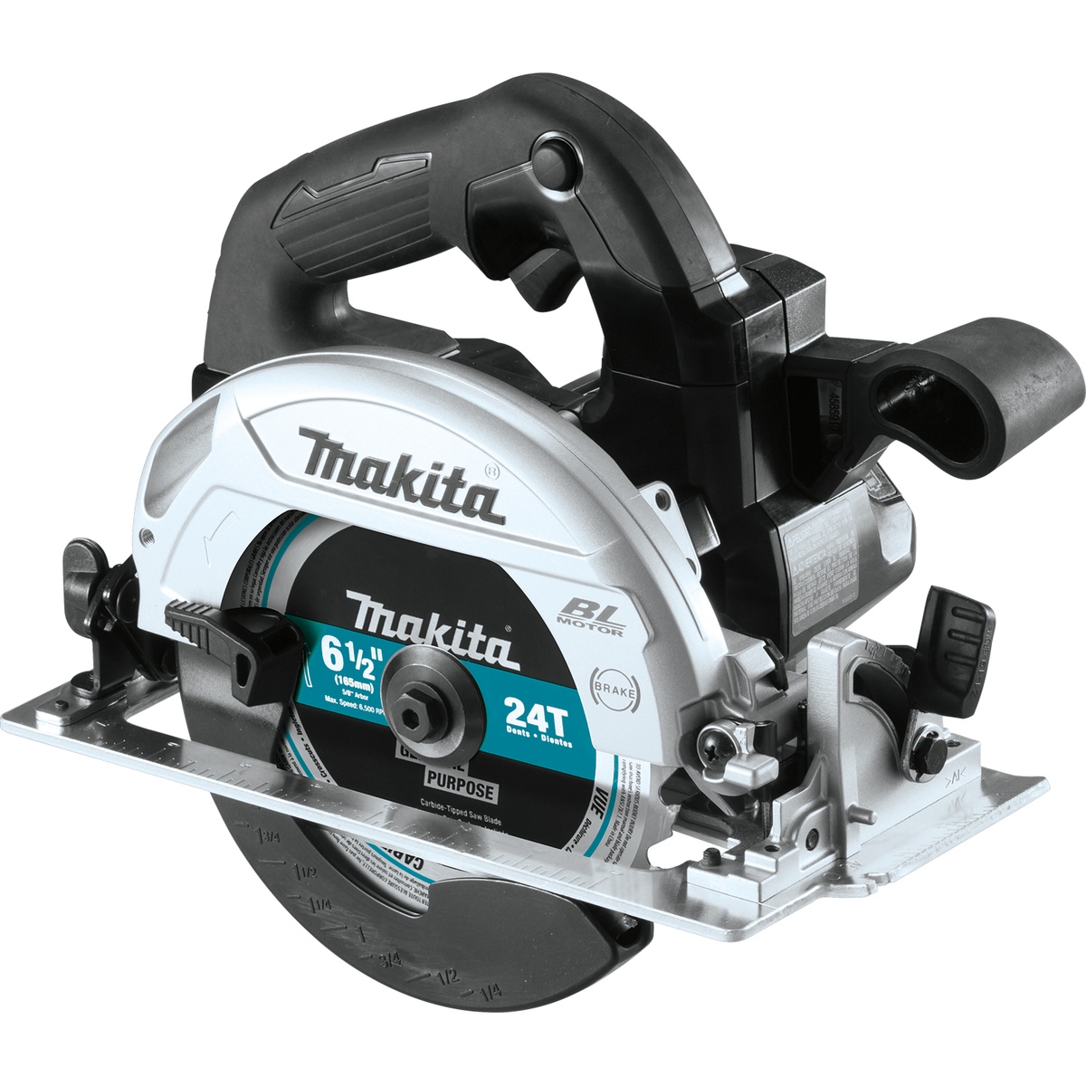 Makita XSH04ZB 18V LXT Lithium-Ion Sub-Compact Brushless Cordless 6-1/2 Inch Circular Saw shown as a clean product view with blade-right layout, dust port, and base plate for framing and ripping tasks on the jobsite