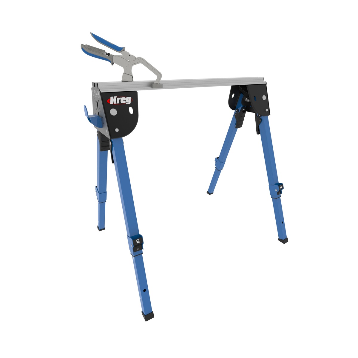 Kreg Track Horse work support showing the integrated top track and included bench clamp for dual-mode clamping